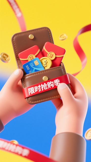 双掌捧着打开的钱包，钱包露出堆叠红包、银行卡、金币，装饰搭配印着 “限时抢购季” 的红色警示带，背景为黄蓝渐变，营造出热闹紧迫的促销感预览效果