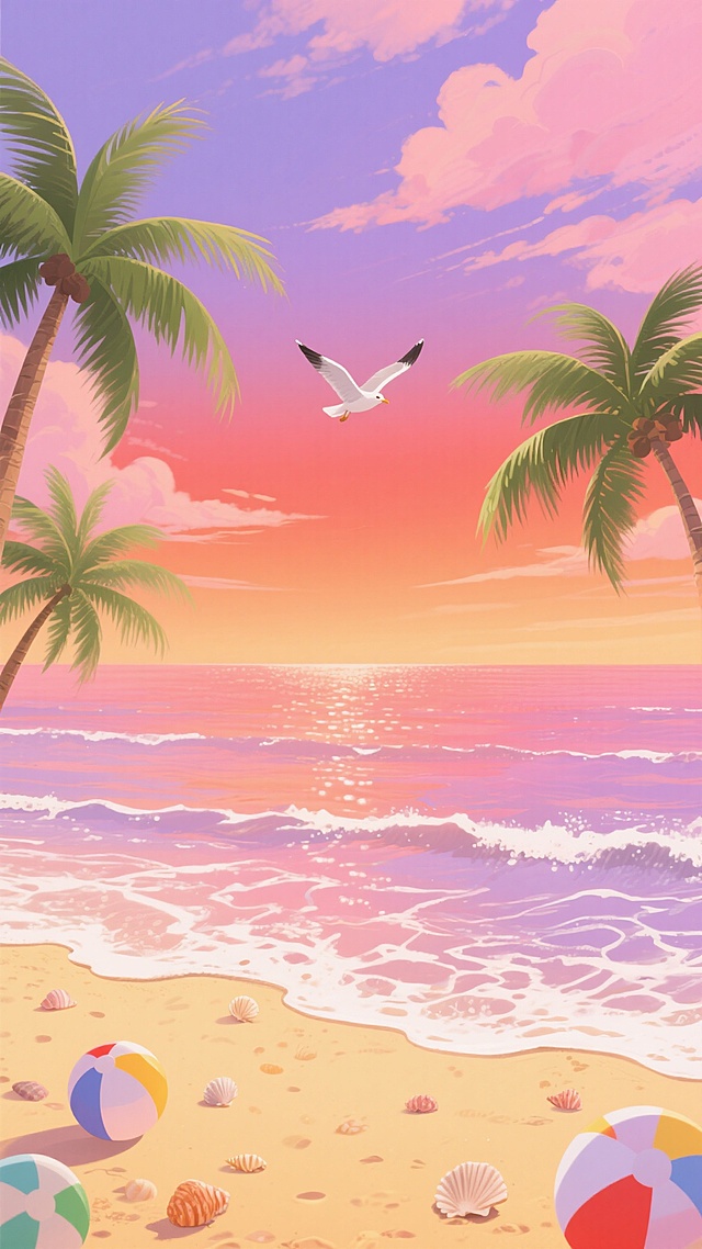 夏日海边风景插画，渐变的橙红色天空与粉紫色云霞相映，海面呈现温暖的橘粉色与淡紫色渐变，波光粼粼，白色浪花轻拍金色沙滩，沙滩上散落着彩色沙滩球和贝壳，几棵高大的绿色椰子树从画面两侧伸展枝叶，一只海鸥在天空飞翔，画面明亮通透，充满浪漫梦幻的氛围，光影柔和，细节丰富，整体构图平衡，视觉焦点集中在海天相接处。