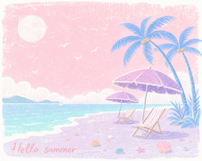 参考原图蜡笔肌理风格，创作同风格原创夏日海滨插画，替换配色为马卡龙色系，粉色天空，浅紫色沙滩，蓝色椰子树，紫色遮阳伞，保留"Hello summer"手写文字，整体清新温柔，深受女性用户喜爱，做旧纹理预览效果