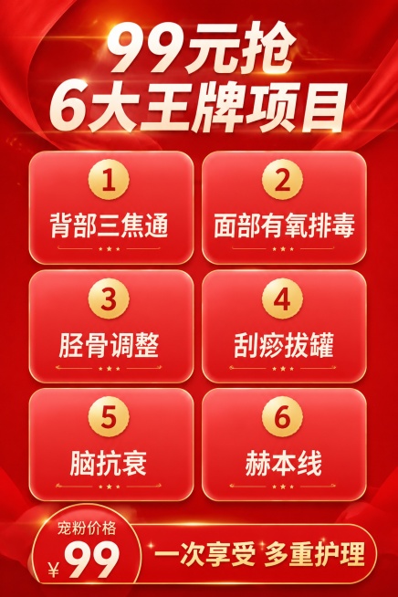 [第3屏] 套餐整体介绍-6大王牌项目全罗列。
[氛围/风格] 喜庆超值，信息清晰展示，红色喜庆背景。
[元素布局] 顶部主标题，中间分两列排列6个项目，每个项目用圆角卡片分隔，底部标注宠粉价格，整体预览效果