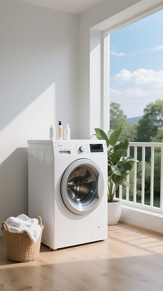 超写实风格的白色滚筒洗衣机，位于画面中央，洗衣机控制面板细节清晰，正面圆形透明舱门可见内部不锈钢内筒，顶部放置着几瓶洗护用品，洗衣机左侧地面有一个装满白色毛巾的编织篮，整体保持原图的柔和自然光照明，光线从左上方照射形成轻微阴影，高光表现细腻，色彩以白色、浅灰色为主调，搭配原木色元素，营造出简约、干净、现代的家居氛围，背景改为宽敞明亮的开放式阳台，阳台地面铺设浅色木纹地板，右侧有白色栏杆，窗外可见蓝天白云和远处的绿色树木，洗衣机右侧摆放着一盆大型绿植，增添自然生机。