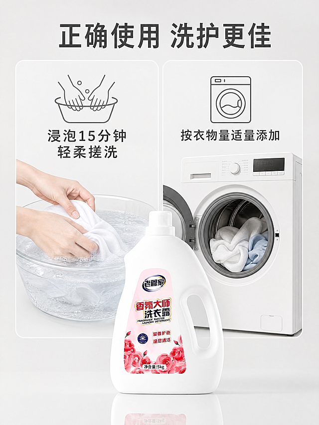[第4屏] 使用方法演示，使用图1产品放底部。浅灰背景中间分两格，左手洗"浸泡15分钟 轻柔搓洗"，右机洗"按衣物量适量添加"，标题"正确使用 洗护更佳"，3:4，4K，负向提示：变形，场景乱，诱导按钮。