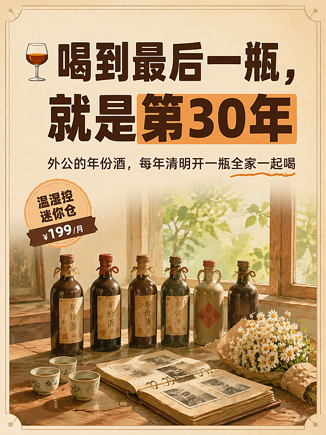 小红书笔记大字封面，插图大字，ins 清新怀旧亲情风，版式精美，小红书笔记封面质感，适合信息流点击。主标题必须完整呈现且为画面视觉中心，逐字锁定：「喝到最后一瓶，就是第30年」。主标题字号占画面约 45% 视觉权重，清晰可读，不得增删改字。副标题：「外公的年份酒，每年清明开一瓶全家一起喝」。装饰短句/角标：「温湿控迷你仓 ¥199/月」。背景：暖米黄色渐变弥散背景，带轻微颗粒质感与温暖怀旧氛围。标题排版：扁平粗黑体，深棕字，居中偏上，关键词「第30年」加暖橘色色块底框高亮；仅中文大字，无英文对照。配图层：画面下半部分手绘风插画——一张木质餐桌上整齐摆放着一排陈年酒的酒瓶（无任何人物肖像），旁边有三只小酒杯、一本旧相册和一束小白花，窗外是春日绿意与柔和阳光，画风细腻柔和、温暖怀旧，不抢标题。装饰：主标题行首外侧 1 个酒杯 emoji 贴纸；右下角 1 个手绘波浪下划线装饰副标题；另加细米色复古线框点缀。整体氛围：温暖怀旧、亲情思念、年代故事感拉满，温柔治愈不沉重。画质：高清细腻，信息层级清晰，浅底深字强对比，文字完整处于安全区内不可裁切，四周留安全边距。画面比例 3:4，4K。
