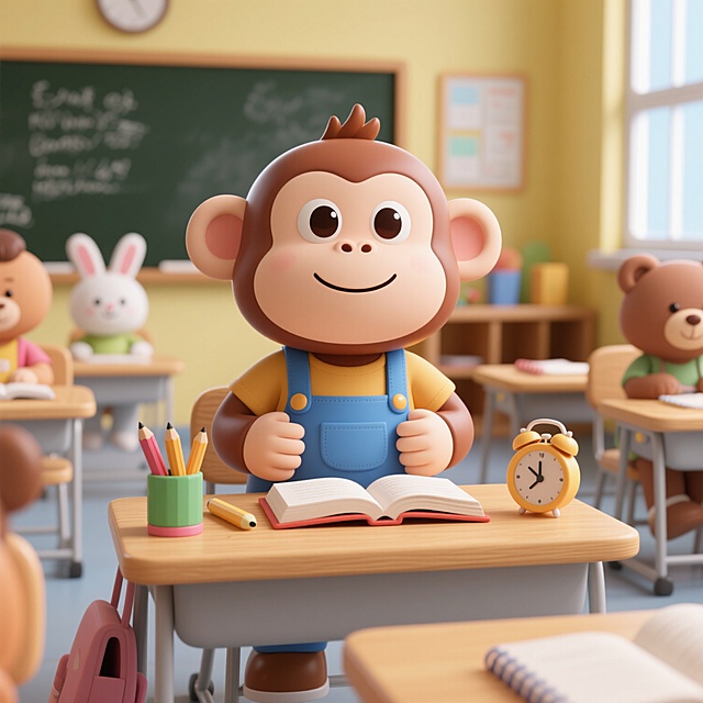 课堂场景中的卡通猴子，圆滚滚身体，大眼睛，微笑表情，穿着蓝色背带裤，坐在课桌前，双手捧着翻开的课本，桌上有铅笔、笔记本和卡通闹钟，周围有其他小动物同学（如小兔子、小熊），背景为明亮的教室环境，有黑板和窗户