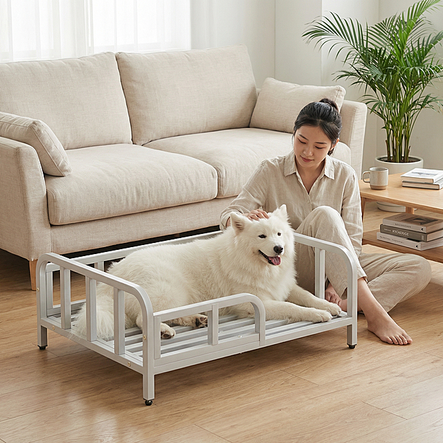 浅灰色金属框架狗床，保持原产品物理结构绝对不变，床下面没有轮子，床腿没有额外东西，床上没有床垫。产品主体不变形不扭曲。
平视中景构图，平稳放置在日式客厅的原木地板上，背景是浅米色亚麻沙发，淡雅温馨。
小清新原木日系家居氛围，床上趴着一只开心放松的萨摩耶，一位年轻东亚女孩盘腿坐在狗床旁边，轻轻抚摸狗狗，互动自然温馨。
柔和阴天漫射柔光，整体低饱和度暖调，阴影极淡，画面干净通透。
旁边矮几放着陶瓷水杯和几本书，角落放一株散尾葵绿植，增添自然生机。
淘宝主图摄影，8K高清，治愈小清新风格。保持 1:1 画面比例。
