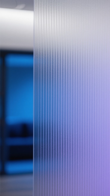 半透明磨砂玻璃材质，表面有细密的垂直条纹肌理，光线从一侧柔和穿透，形成朦胧的光影渐变效果，玻璃后方隐约可见模糊的室内景象轮廓，整体色调变换为静谧的深海蓝与浅灰紫渐变，条纹肌理的反光呈现出蓝紫色的微妙光泽，保持玻璃材质的通透感与磨砂质感，光影层次丰富，营造出冷静而优雅的氛围。预览效果