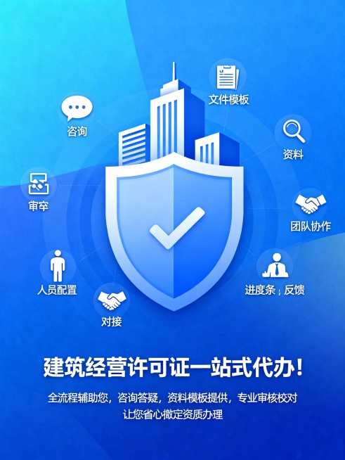文案：建筑经营许可证一站式代办！ 全流程辅助您， 咨询答疑， 资料模板提供， 专业审核校对， 人员配置协调， 全环节专人对接， 进度实时反馈， 让您省心搞定资质办理。生成3：4比例的图片预览效果