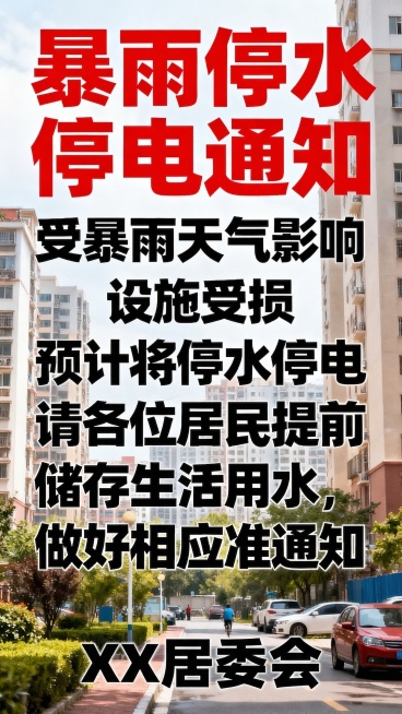 在原有通知图片底部添加署名"XX居委会"，整体保持正式醒目红色警示风格，信息层级清晰，暴雨破坏停水停电居民提前储水通知海报，海报顶部醒目的"暴雨停水停电通知"，正文写着"受暴雨天气影响，设施受损，预计预览效果