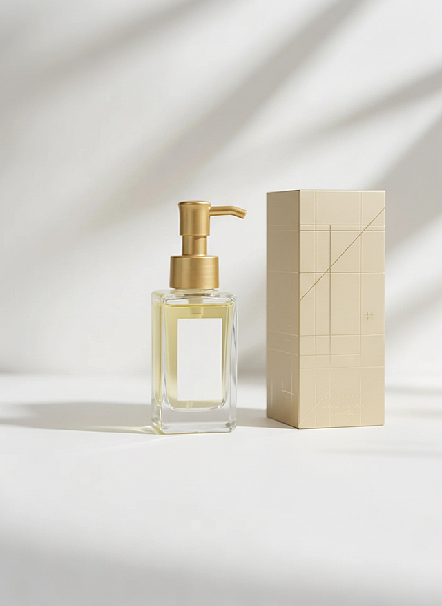 以图中的护肤品为元素，设计一款包装盒，护肤品正放在包装盒旁边，包装盒和护肤品都立在桌子上，画面淡金调为主，纯色背景，高级质感。