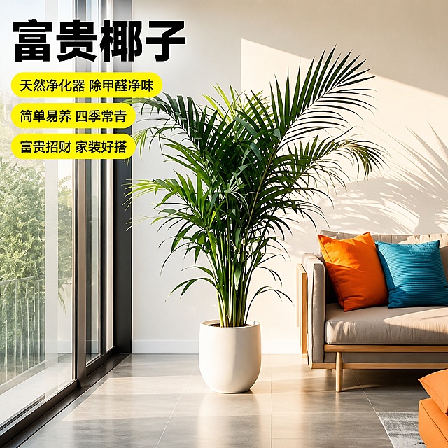 [主图-1] 富贵椰子大型室内绿植客厅摆放首图。
[氛围风格] 清新自然温馨居家氛围，拼多多爆款大字直白风格；
[画质] 商业摄影质感、光线柔和通透、产品清晰真实、画面干净高级。
[元素] 白色花盆栽种的富贵椰子绿植摆放在客厅窗边，整体植株完整居中，叶片舒展茂盛，左侧预留负空间用于摆放主标题文案；背景搭配浅灰色沙发，沙发放置橙蓝撞色抱枕，墙面浅米白色，窗边金属边框落地玻璃窗，阳光斜射入室，地面浅灰色亮面瓷砖。保持富贵椰子产品外观（即物理结构、叶片形态、花盆颜色材质）与输入产品图绝对一致，杜绝任何变形和色差，精细化处理。商品主体占比严格控制在70%左右；画面满屏无边框。
[光影] 上午自然光从左侧落地窗斜射进来，主光柔和明亮，墙面和地面反射形成填充辅光，叶片投射出自然层次感阴影，整体通透不灰蒙，高光不溢出，暗部有细节。
[配色] 主色调：清新浅绿（叶片）、暖米白（墙面花盆），点缀橙蓝（抱枕）提亮；色彩和谐自然。
[视角构图] 平视角度，景深适中，产品完整呈现，轮廓清晰不裁切，绿植为绝对视觉中心。
[文字版式] 左上负空间左对齐预留安全边距，大字主文案“富贵椰子”黑色粗体无衬线字体字号最大；下方三个黄色圆角标签，分行展示卖点：第一行“天然净化器 除甲醛净味”，第二行“简单易养 四季常青”，第三行“富贵招财 家装好搭”，深色文字，整体错落清晰不遮挡产品主体。
[输出要求] 1:1 比例，文字清晰锐利，超高清商业摄影质感；
[负向提示词] 变形，文字错乱，产品图模糊，背景杂乱，水印，电商平台Logo，绝对化违禁词，迷信宣传。