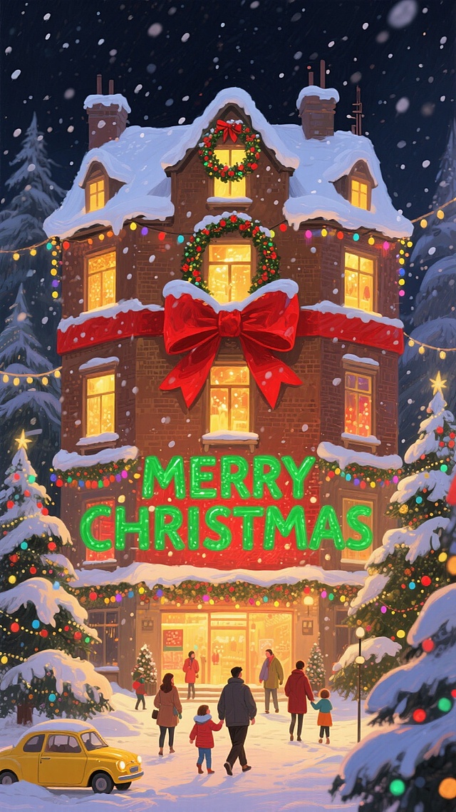 插画风圣诞夜景，暖黄灯光与雪花交织，大字风“MERRY CHRISTMAS”点缀其间，油画质感营造温馨梦幻氛围，传递浓厚节日喜庆感。