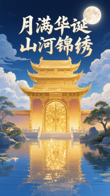 在静谧的中式园林场景中，一轮皎洁的明月高悬夜空，洒下银白的光辉。一座传统中国宫殿大门矗立眼前，整体呈现金色，拥有多层结构与弯曲的飞檐，飞檐上的瓦片纹理清晰，边缘微微上翘，尽显古韵。大门表面覆盖着闪闪发预览效果