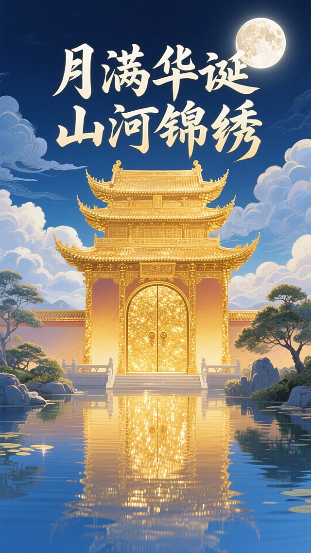 鎏金风中式宫殿映月湖光，插画风国潮美学，重拟物设计展现古典奢华与梦幻静谧，中秋佳节尽显山河锦绣之神圣唯美感。