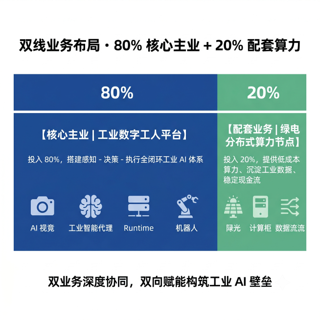 一主一辅业务投入占比图解（尺寸：800×800 方形信息图）
画面结构

    顶部大标题：双线业务布局・80% 核心主业 + 20% 配套算力
    主体横向分段色块图

    左侧 80%预览效果