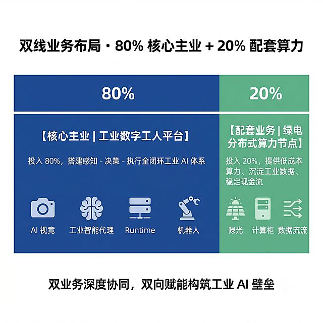 一主一辅业务投入占比图解（尺寸：800×800 方形信息图）
画面结构

    顶部大标题：双线业务布局・80% 核心主业 + 20% 配套算力
    主体横向分段色块图

    左侧 80% 深蓝色区块：标题【核心主业｜工业数字工人平台】
    小字标注：投入 80%，搭建感知 - 决策 - 执行全闭环工业 AI 体系
    小图标：相机（AI 视觉）、大脑（工业智能体）、服务器（Runtime）、机械臂（机器人）横向排列
    右侧 20% 青绿色区块：标题【配套业务｜绿电分布式算力节点】
    小字标注：投入 20%，提供低成本算力、沉淀工业数据、稳定现金流
    小图标：光伏、算力机柜、数据流

    底部中间文字：双业务深度协同，双向赋能构筑工业 AI 壁垒

设计细节
色块分割清晰，百分比数字放大高亮；图标扁平化极简风，便于手机快速阅读