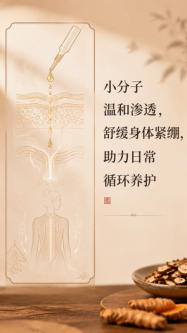 电商详情页原理科普模块，左图右文垂直版式，左侧是简约柔和精油渗透肌理示意线条图，经络舒缓极简动态线条，中式细线条装饰，右侧文案"小分子温和渗透，舒缓身体紧绷，助力日常循环养护"，暖调柔和光影，版式简单易懂，适合中老年，整体暖棕米色色调与参考图搭配