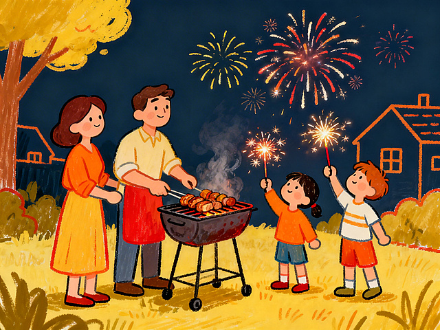 儿童简笔画风格，画面里叔叔阿姨在烧烤，孩子们在旁边放烟花、看烟花，氛围温馨欢乐