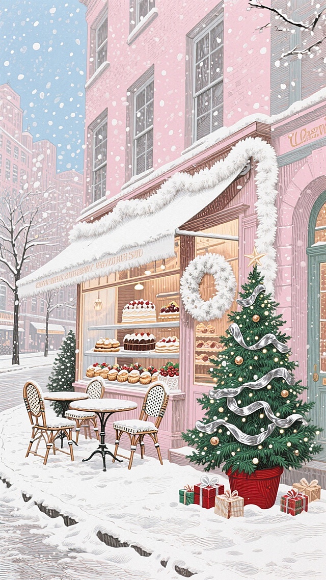 插画风与重拟物结合，水彩质感渲染冬日雪景，粉红甜品店透出温馨甜蜜，圣诞树与礼物点缀喜庆氛围，油画般的细腻笔触营造节日浪漫。