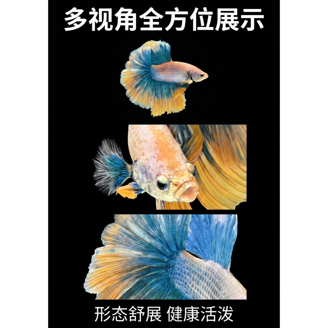 [主图 4] 泰国半月斗鱼多角度展示拼图。
[氛围风格] 全方位展示，真实自然，统一干净；
[画质] 商业摄影质感，每张都清晰真实，色彩准确，画面干净统一。
[元素] 三张小图拼图排列，分上中下展示三预览效果