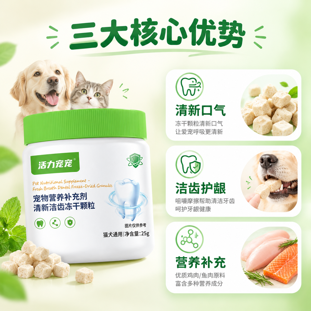 [主图-2] 主题：核心卖点功能图，展示洁齿冻干的三大核心作用… - 图片创意预览