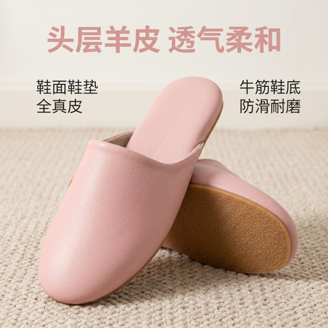 [主图-2] 真皮拖鞋卖点细节展示图，轻奢居家风。氛围风格：高级简约舒适居家场景，质感温馨。画质：商业摄影质感，光线柔和通透，产品清晰真实，画面干净高级。元素：将粉色真皮拖鞋局部细节放大，展示鞋面羊皮预览效果