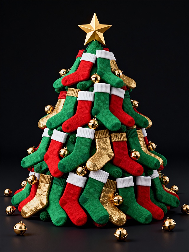 3D风格圣诞树由红绿金三色袜子堆叠而成，融合重拟物与面料质感，点缀金属铃铛与金色星星，营造浓厚喜庆氛围。