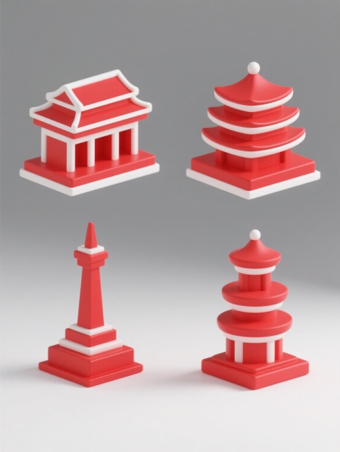 一套4个规整排布的3D立体图标，每个图标分别展现不同造型样式的国家地标建筑，整体采用与示例中红色建筑相同的纯红色调与白色线条勾勒的视觉风格，3D质感通过平滑的曲面和简洁的几何块面塑造，所有图标均置于纯白色纯色背景上，无任何文字、logo、水印及多余装饰元素，保持画面干净简洁。预览效果