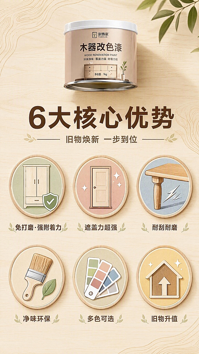 [第5张 D5] 木器改色漆核心卖点页（6大卖点）。本张使用【图1】中的产品桶作为商品主体小图展示于顶部，桶身结构与原图保持一致。
[氛围/风格] 温馨精致图标风，木质纹理背景，治愈系配色，商业设计质感。
[元素布局] 顶部产品桶缩小置于中央上方，占比约20%；下方6张圆形图标分两排排列（上3下3），每个图标为木器形状：衣柜形/门形/桌腿形/刷子形/色卡形/房子升值形；图标下方对应卖点文字；背景为细腻浅木纹理，点缀木纹线条装饰。
[光影质感] 扁平化图标+柔和投影，木纹理自然光影，整体明亮温暖。
[配色色系] 全局底色 #EFE3D0（浅木色）；主色奶白+深棕；辅助色抹茶绿、脏脏粉、雾蓝点缀各图标。
[视角构图] 正面居中对称布局，阅读动线：顶部产品+标题 → 上排3卖点 → 下排3卖点。
[文字版式] 顶部主标题「6大核心优势」，副标题「旧物焕新 一步到位」；6个卖点分别为：①免打磨·强附着力 ②遮盖力超强 ③耐刮耐磨 ④净味环保 ⑤多色可选 ⑥旧物升值；每个卖点配对应木器形状图标，图标内简笔画图案，下方4-6字短标签。
[比例分辨率] 9:16竖版比例，4K分辨率，文字清晰可辨，高清画质。
[负向提示词] 产品桶变形，包装文字错乱，水印，文字过小，图标变形。