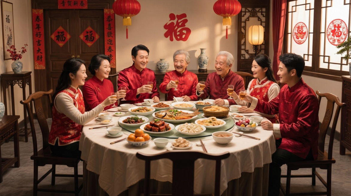 春节氛围，人物是四个年轻人三个老年人，穿的红色喜庆预览效果
