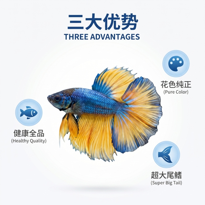 [主图 2] 泰国芥子半月斗鱼产品卖点展示
[氛围风格] 3D渲染清晰直观，卖点一目了然
[画面元素] 商业摄影质感，光线明亮柔和，产品清晰真实，画面干净通透。保留原斗鱼外形居中展示，斗鱼周围用三个浅预览效果