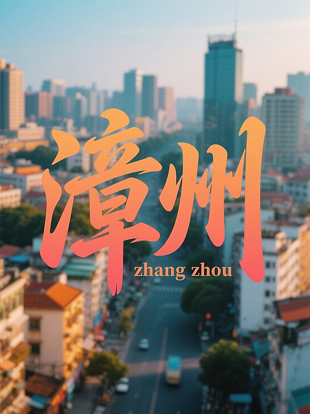“漳州”二字居中，副标题小字“zhang zhou”位于主标题之间，文字为暖色调，背景为漳州城市照片