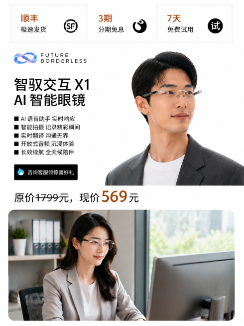 参考当前图片的排版结构和所有文字内容、优惠信息、logo设计，保持简约商务风格不变。严格参考用户上传的眼镜实拍图，进一步缩小镜片尺寸，修正镜腿形状，完全匹配用户提供的银黑拼接镜腿、带FCC CE标识的预览效果