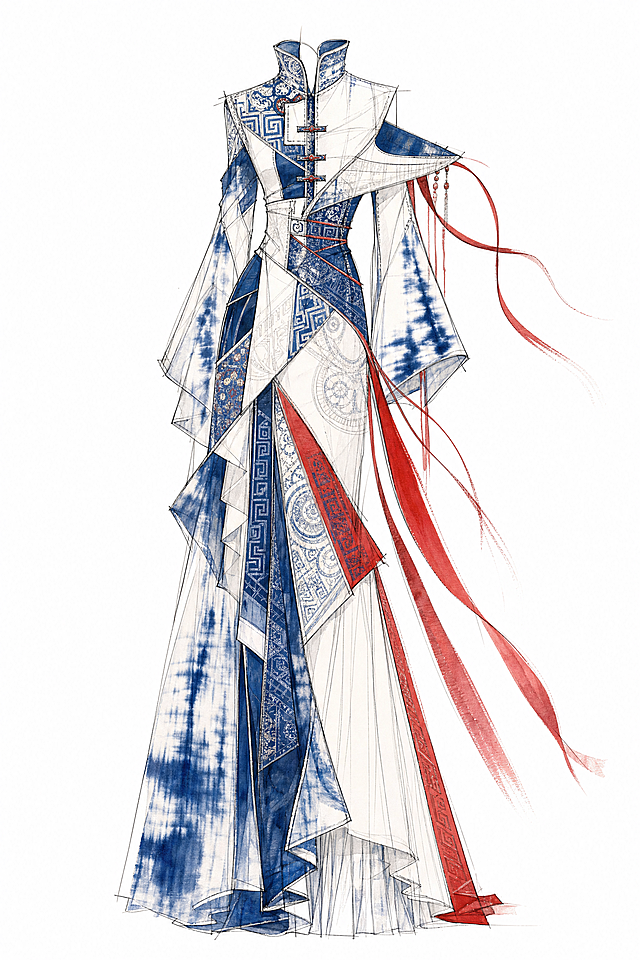 提取图片中蓝白红民族配色，融合到立领女士礼服中，做解构拼贴风格，只做服装草图，不需要头饰，设计草图