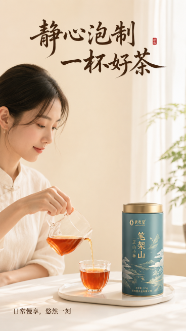 [第5屏] 模特冲泡展示屏-亚洲女性模特冲泡笔架山茶叶展示。本屏使用【图2】作为产品包装参考。[氛围/风格] 惬意生活氛围感，新中式简约风格，浅米色统一底色，自然温馨质感，和全套风格保持一致。[元素布预览效果