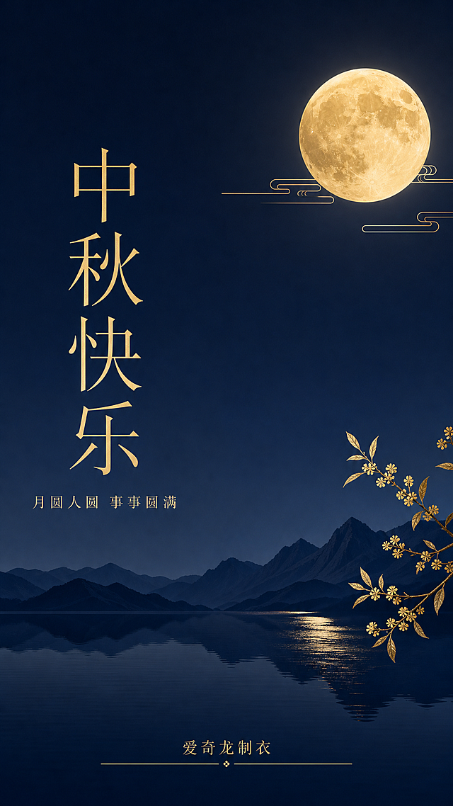 中秋节企业祝福海报，稳重商务风格，竖版构图。背景是深藏青色到深蓝色的干净渐变，画面右上方一轮金色圆月，月前有几缕极简的云纹线条，下方是深色远山与平静水面倒影，点缀极少量的金色桂花枝，元素克制不繁杂。配色只有深藏青、暗金、米白三色，端庄大气、稳重正式，适合企业对外发布。主标题「中秋快乐」用金色细体宋字位于画面左侧中部，副标题「月圆人圆 事事圆满」在其下方小号字排布。底部居中位置有公司名「爱奇龙制衣」用金色小字清晰呈现，带一条细金横线装饰。画面干净无二维码，无多余装饰。整体版式精美，留白充足，文字清晰可读，超高清画质，9:16竖版