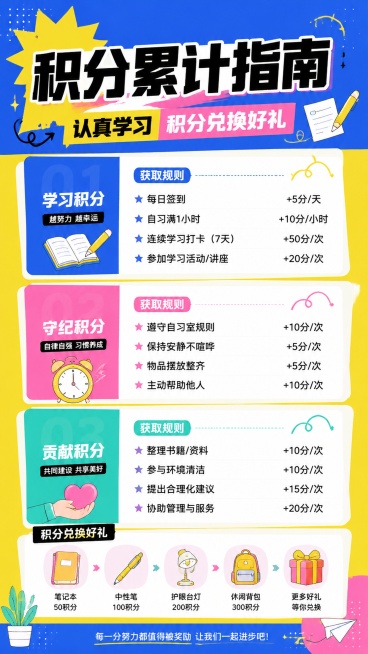 潮流撞色风格的自习室积分激励海报，主标题"积分累计指南"，副标题"认真学习 积分兑换好礼"，用卡片式排版展示三种积分类别和获取规则，使用青春活泼的撞色设计，点缀学习相关小元素，文字清晰可读，版式精美活预览效果