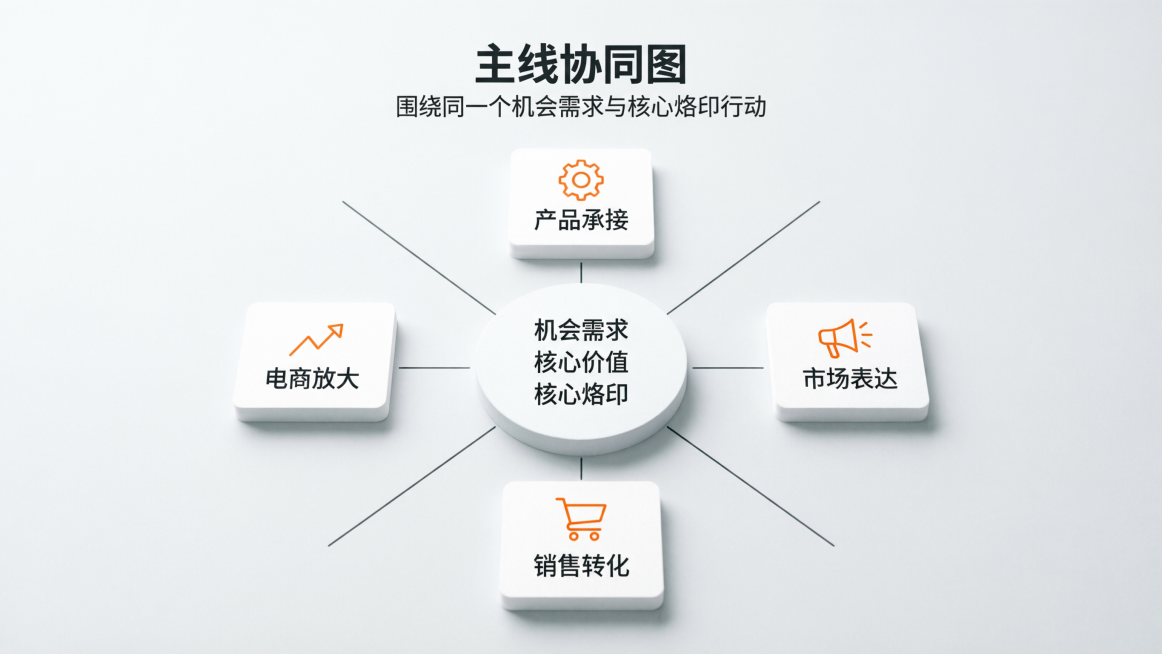 食品消费品信息图，标题“主线协同图”，副标题“围绕同一个机会需求与核心烙印行动”，标题和副标题在图片最上方居中，标题字体思源黑体Bold，副标题字体思源黑体Normal，文字颜色深灰色#0e1619。预览效果