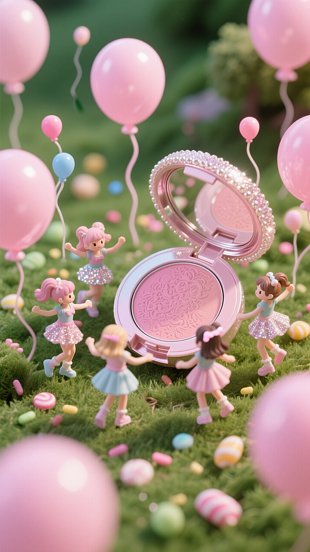 几个迷你时尚女孩围着一个巨大的带盖腮红盘跳舞，背景是草地上的气球派对，画面整体呈现粉色调