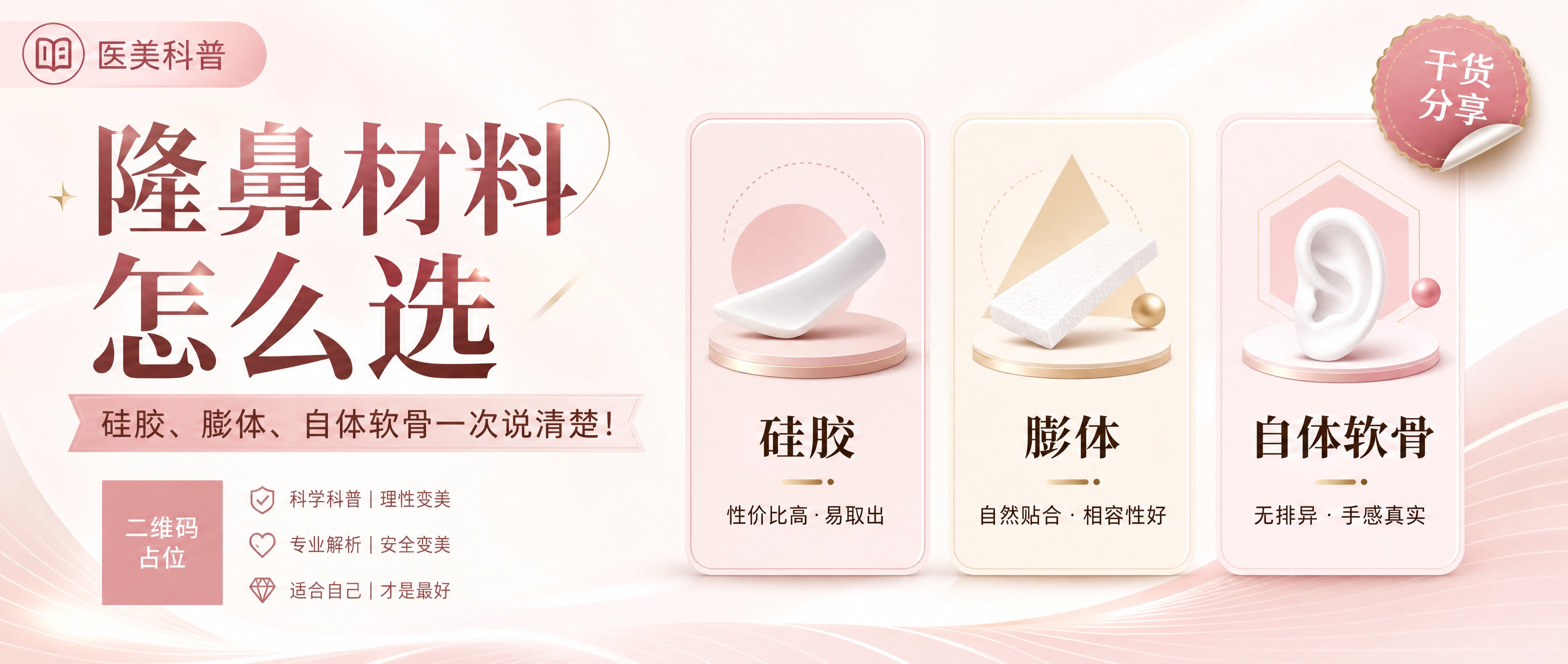 医美科普公众号封面海报，主题为隆鼻材料选择科普。画面采用干净高… - 图片创意预览