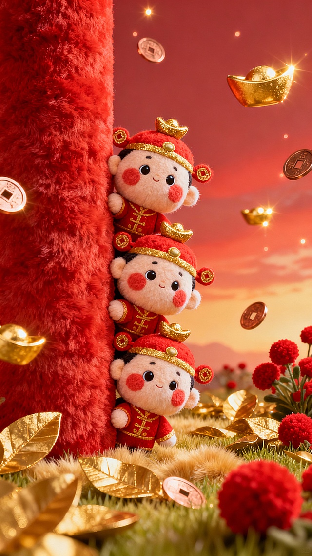 超萌可爱的发财主题毛绒玩具场景，三个身着传统红色唐装、头戴金色小元宝帽子的圆脸红腮毛绒小财神，堆叠着从左侧巨大的红色毛绒柱子后探出脑袋，眼睛圆溜溜充满期待地望向右侧。背景是渐变的暖金色与红色天空，点缀着闪烁的金色元宝和铜钱形状的发光装饰，下方是铺满金色毛绒叶片和红色绒球花朵的草地，整体呈现极致柔软的毛绒质感，温暖明亮的光影，营造出喜庆吉祥又治愈的氛围，充满节日发财的欢乐气息。