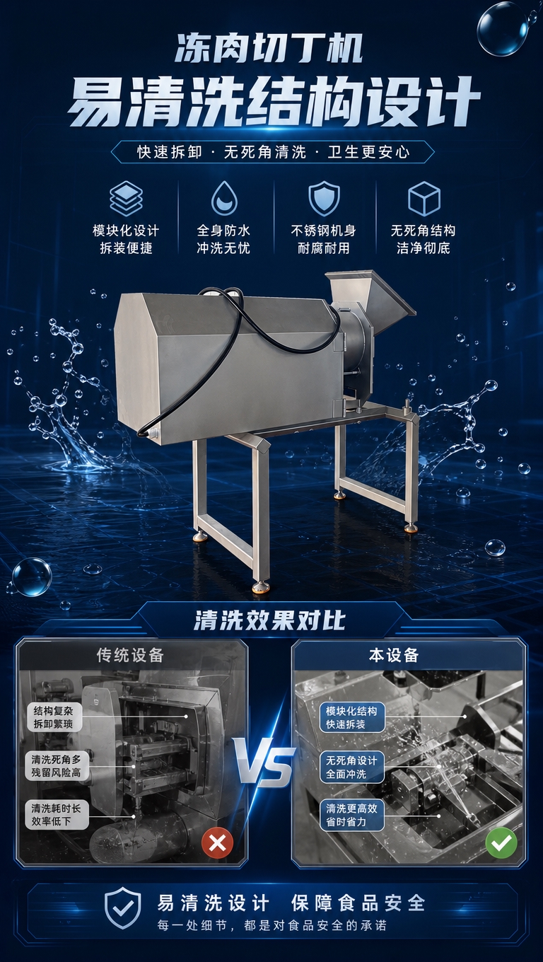 冻肉切丁机易清洗结构页，9:16竖版。画面中部是切丁机背面角度… - 图片创意预览