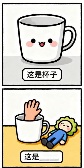 手绘搞笑纵向双格漫画，上半格：Q版可爱的杯子，极简背景，底部文字框写“这是杯子”；下半格：杯子里装着一只手，旁边躺着一个没有生病的玩偶，底部文字框写“这是____”，线条清晰，色彩鲜明预览效果