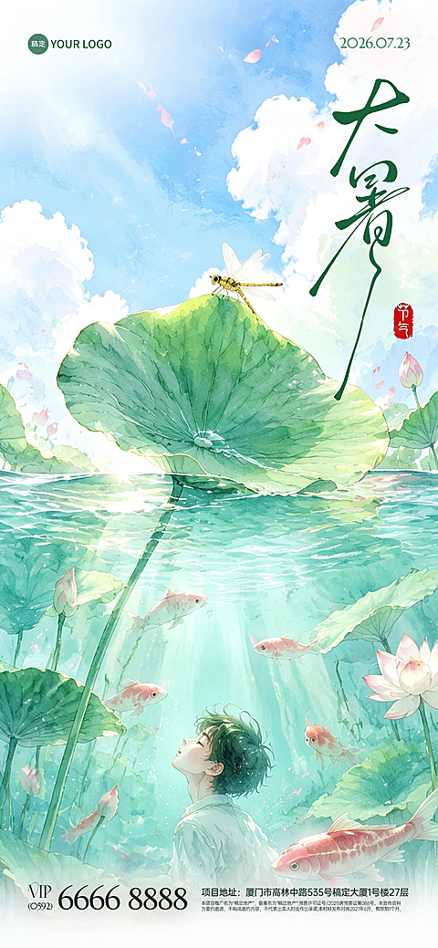 夏日清新荷塘手机全屏二十四节气大暑海报