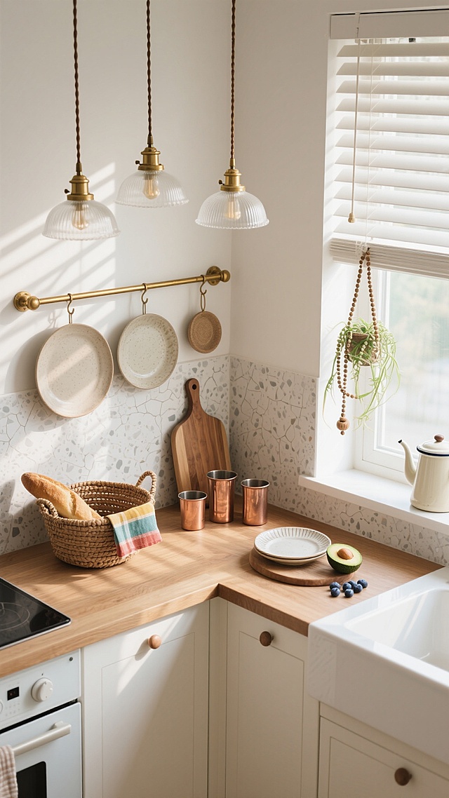 俯视角构图，清晨的北欧风格厨房转角处，阳光透过百叶窗在原木色中岛台表面投下精密的光栅图案，白色哑光橱柜与浅灰色水磨石墙面形成优雅过渡，台面上并排放置着藤编餐篮（内置新鲜法棍与彩色餐巾）、铜制量杯组、半切的牛油果与散落的蓝莓，壁挂式黄铜轨道灯垂下三盏磨砂玻璃罩吊灯，下方是悬挂的手工陶瓷餐盘与榉木砧板，窗台摆放着垂吊的佛珠吊兰与复古搪瓷水壶，整体色调为奶油白、燕麦色与原木棕的温柔交响，光线带有晨雾般的朦胧质感，细节处可见木质纹理与陶瓷冰裂纹理的自然肌理。