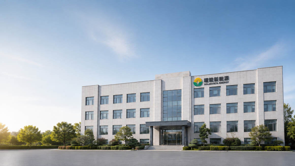 保持企业大楼主体结构、建筑外观、彩色公司Logo和门头"曜能新能源 SOLARVISTA ENERGY"字样完全不变，进行基础精修：修正建筑透视，让大楼更端正挺拔大气；提升建筑外立面、玻璃幕墙、金属结预览效果
