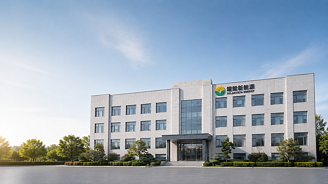 保持企业大楼主体结构、建筑外观、彩色公司Logo和门头"曜能新能源 SOLARVISTA ENERGY"字样完全不变，进行基础精修：修正建筑透视，让大楼更端正挺拔大气；提升建筑外立面、玻璃幕墙、金属结构和入口区域的质感，让建筑更清晰干净，突出企业实力感；清理所有干扰元素，移除杂乱车辆、电线、垃圾、施工杂物；优化构图为16:9，突出企业大楼主体，画面简洁聚焦，左侧/中间偏上预留干净区域用来放标题，建筑主体适当偏向右下方，整体气质商务专业干净稳重，适合做企业介绍PPT封面背景，不添加额外文字和人物，不生成多余建筑