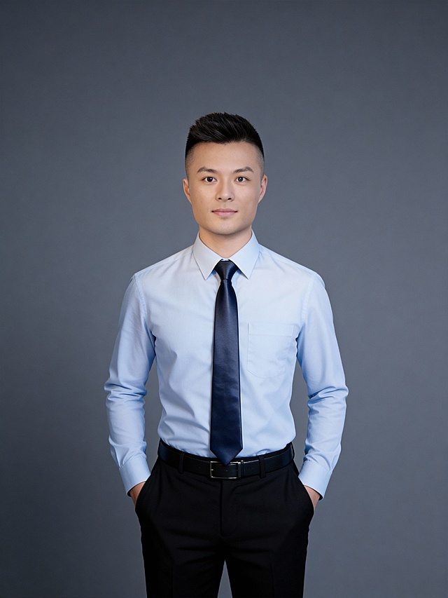 参考第一张图保留人物脸型､发型､年龄等特征生成职场形象照,参考第二张图人物占位和比例,标准焦段50mm,F/4光圈(F/2.8-F/4区间),平视视角(镜头与人物视线齐平);人物占画面70%,人物居中(居中构图),位于画面中心,为视觉聚焦点,入境范围头部及以下至臀部下方10cm(半身像);左右留少量背景空间;头部与画面顶部保留5%空间;头部发型完整,头肩比例协调;身穿浅蓝色高支精梳棉商务长袖衬衫(面料细腻带轻微柔光质感,垂坠感自然),搭配深蓝灰色纯色的领带(带低调缎面微微呈光泽感),黑色羊毛混纺西裤,黑色头层牛皮细皮带(宽度1.5cm),着装正式干练;正式严谨专业稳重,身形匀称,姿态端正｡呈正面双手插兜的站立姿态仅露出手腕部分),肢体自然,自信从容;发梢微微修整干练大气,主体锐利,影棚侧光布光(主光来自画面前方),明暗过渡柔和,背景光线均匀,强化色彩对比的高级感｡简约偏冷调中深灰度纯色背景(呈现均匀柔和质感),极简干净;32K画质超高分辨率､细节清晰,现代精致感风格;肤质精细化处理;眼神直视镜头,目光坚定且澄澈,表情自然.嘴角上扬;面部光比1:1.5,4800K中性光,微微修饰脸型,肤质哑光细腻,面部雾面柔光,轻透裸肌感,真实毛孔纹理,32K画质,去除人物之外的所有元素｡严格按照第一张图内容生成｡
