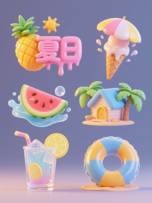 一套6个造型完全不同的夏季主题立体风格系列素材集合，每个素材均以纯色背景呈现，保持整体规整排布。所有元素采用3D立体设计，具有光滑圆润的质感和渐变色彩处理，色彩以明亮的粉、黄、蓝、绿等夏季色调为主，带有半透明果冻般的光泽和融化滴落的效果。元素包括：1. 融化字体搭配菠萝与太阳伞；2. 立体冰淇淋甜筒与飞溅的水花；3. 漂浮的西瓜切片与气泡；4. 度假小屋与棕榈叶组合；5. 冰镇饮料杯与柠檬片装……预览效果