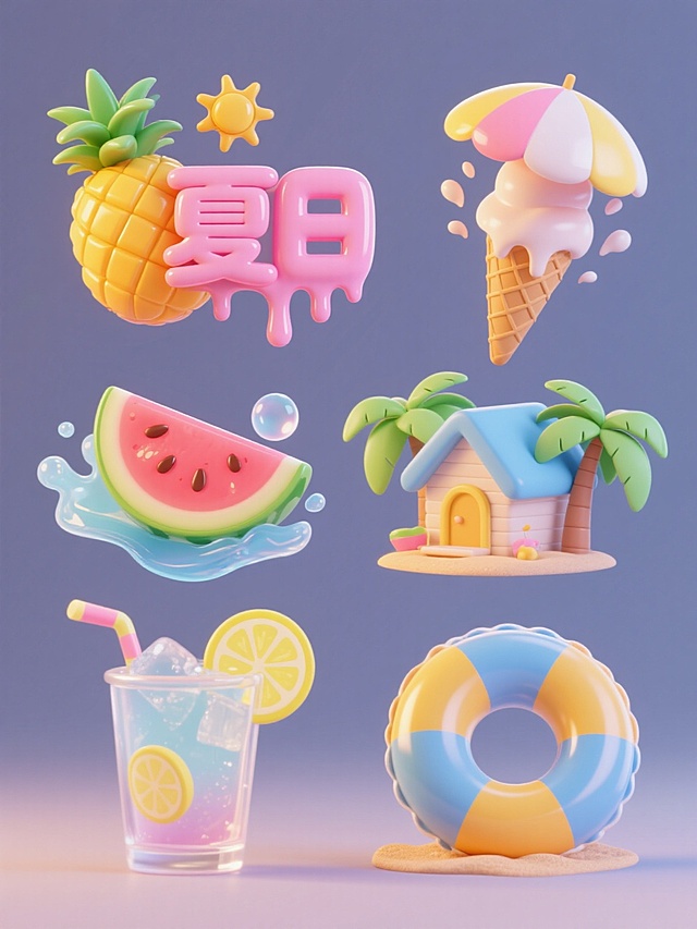 一套6个造型完全不同的夏季主题立体风格系列素材集合，每个素材均以纯色背景呈现，保持整体规整排布。所有元素采用3D立体设计，具有光滑圆润的质感和渐变色彩处理，色彩以明亮的粉、黄、蓝、绿等夏季色调为主，带有半透明果冻般的光泽和融化滴落的效果。元素包括：1. 融化字体搭配菠萝与太阳伞；2. 立体冰淇淋甜筒与飞溅的水花；3. 漂浮的西瓜切片与气泡；4. 度假小屋与棕榈叶组合；5. 冰镇饮料杯与柠檬片装饰；6. 游泳圈与沙滩球组合。每个素材保持统一的光影效果，柔和的顶部光源，轻微的阴影投射，整体呈现欢快、清凉、童趣的夏日氛围，所有元素边缘光滑无棱角，具有Q弹的卡通质感。
