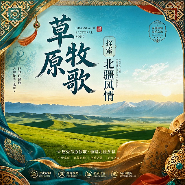 设计北疆旅游宣传广告，中文排版，尺寸1200px×1200px，针对境外游客，延展参考图片的国潮西域风格，融入新疆民族花纹元素，展示那拉提空中草原，搭配国潮书法文字和装饰边框，突出草原牧歌主题